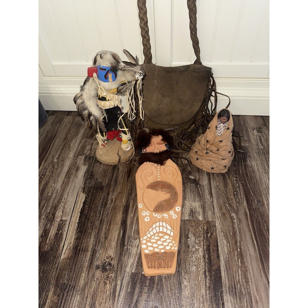 Vintage Southwestern Decor Bundle Leather Fringe Purse Kachina Clay Wall Art